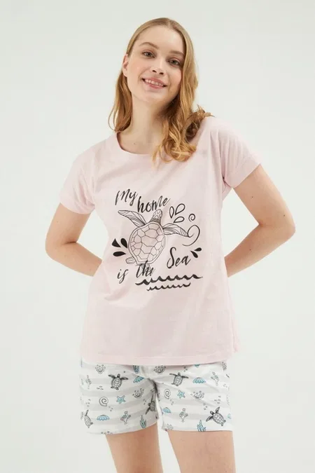 Eros Kısa Kollu Kaplumbağa Baskılı Şortlu Kadın Pijama Takımı Eros 30612 - Görsel 2