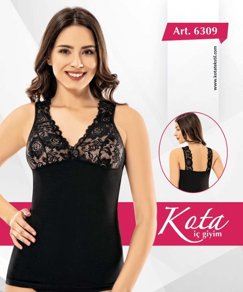 Kalın Dantel Askılı Kadın Atlet Pamuklu Nefes Alan Kota 6309 - Siyah