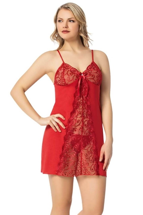 Transparan Üst Detaylı Fantazi Gecelik Takım Kota 6338 - Kırmızı