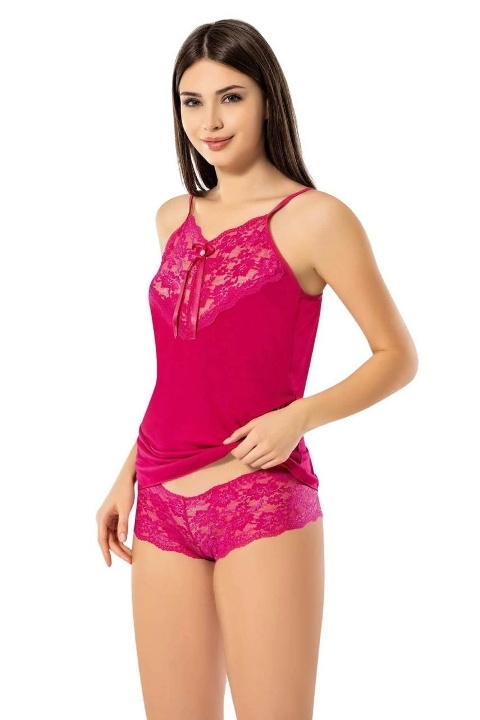 Dantel Detaylı Şortlu Kadın Gecelik Takım Kota 6367 - Vişne