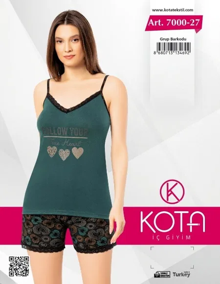 Yeşil İnce Askılı Kadın Şortlu Pijama Takım Kota 7000 - Görsel