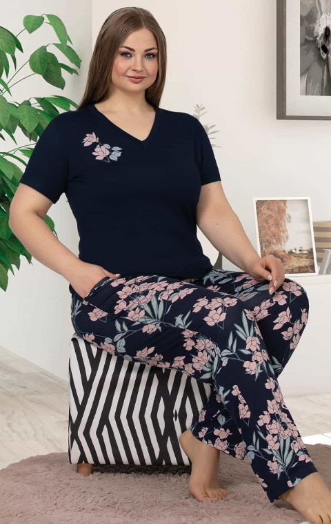 Lady Lacivert Büyük Beden Uzun Kollu Pijama Takımı Lady 10842