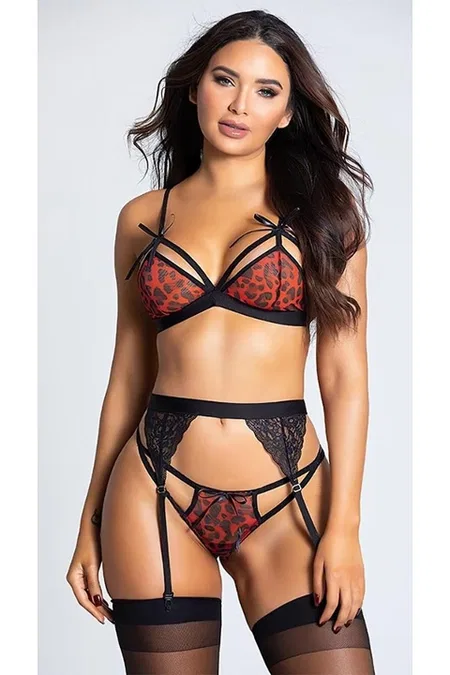 Leopar Desenli Jartiyer Takımı Ayarlanabilir Klips For Dreams 8356 - Bordo