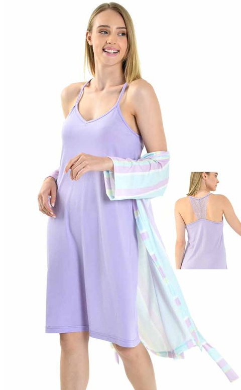 Yeni İnci Lila Viskon Kısa Kollu Gecelik Sabahlık Takım Yeni İnci 1835 - Görsel 3