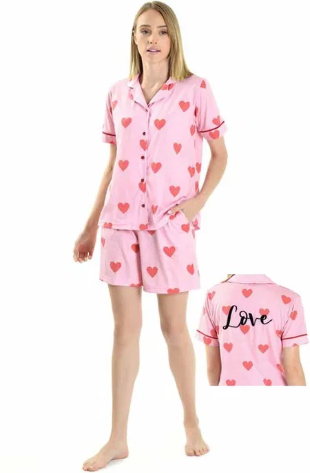 Yeni İnci Düğmeli Pembe Şort Pijama Takımı Yeni İnci 1820 - Görsel 2