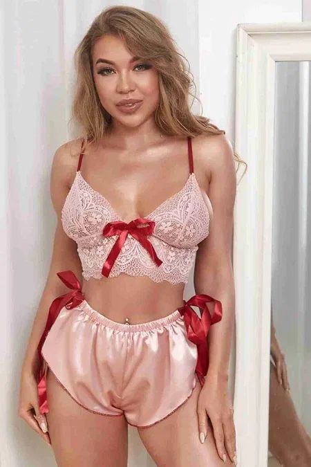 Merry See Dantelli Saten Şortlu Takım Pembe MS3251 - Pembe