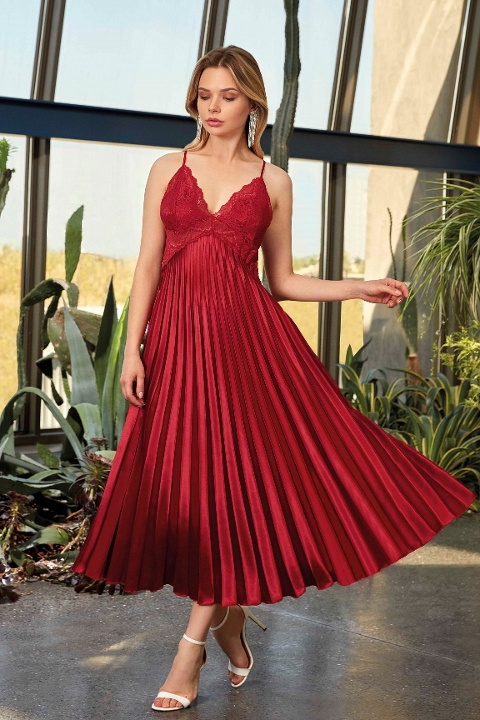 Mor Dantel Biye Detaylı Saten Gecelik Nurteks 7115 - Bordo