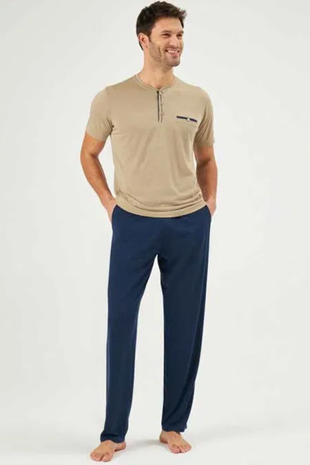 Patlı Bej Renk Yazlık Pijama Takım Esnek Yapı Eros 30170