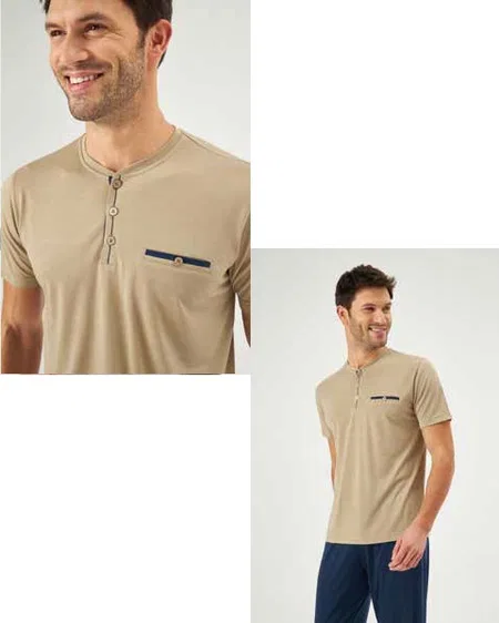 Patlı Bej Renk Yazlık Pijama Takım Esnek Yapı Eros 30170 - 2