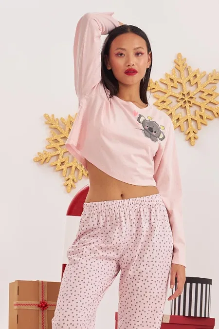 NBB Pembe Koala Desenli Pamuk Kadın Pijama Takımı NBB 67558