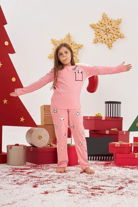 NBB Pamuklu Pembe Panda Desenli Çocuk Pijama Takımı NBB 1231