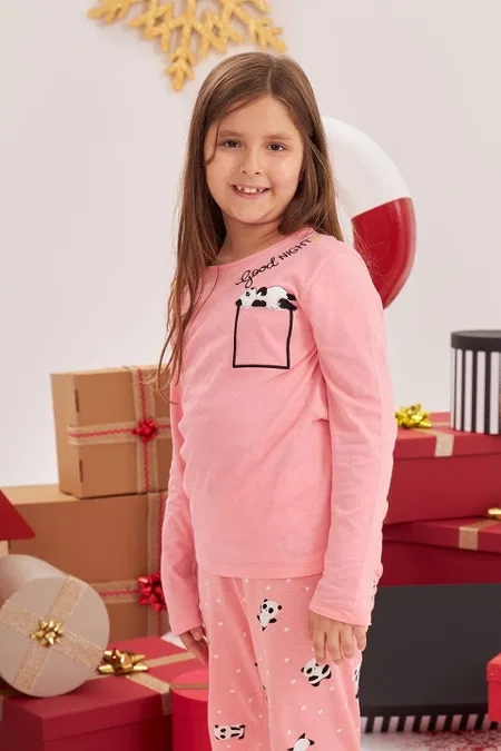 NBB Pamuklu Pembe Panda Desenli Çocuk Pijama Takımı NBB 1231 - Görsel 2