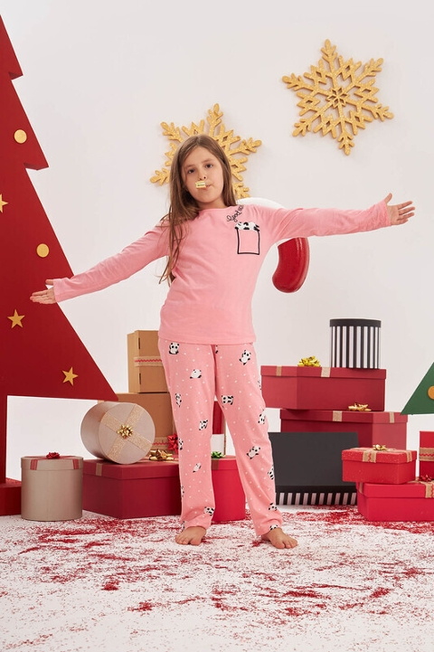 NBB Pamuklu Pembe Panda Desenli Çocuk Pijama Takımı NBB 1231 - Görsel 4
