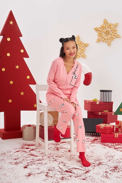 NBB Pembe Pandalı V Yaka Kadın Pijama Takımı NBB 67657