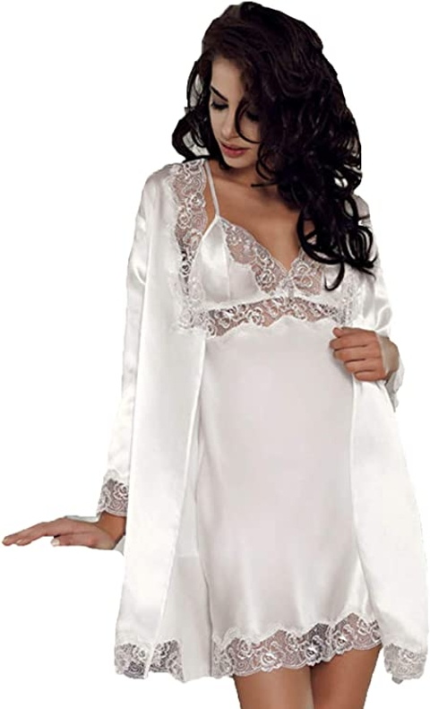 Saten Dokulu 6'lı Gecelik Sabahlık Takım Perin 8050 - Ekru