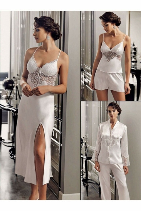 Saten Güpür Detaylı Gelin Çeyiz Seti Perin 9200 - Ekru