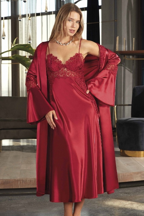 Nurteks Saten Kadın Gecelik Pudra Ekru Bordo Nurteks 5196 - Görsel 2