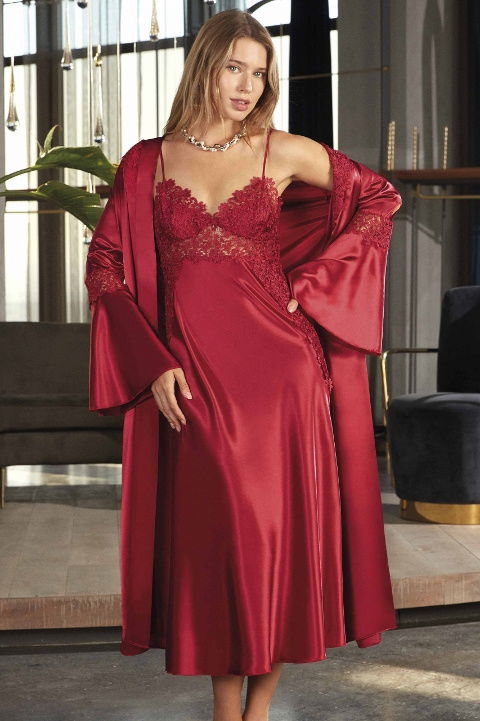 Saten Kadın Gecelik Pudra Ekru Bordo Nurteks 5196 - 2