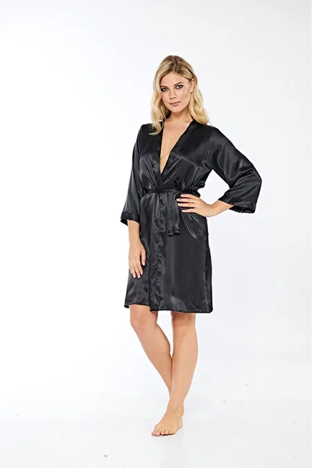 Uzun Kuşaklı Siyah Sabahlık Polyester Sistina 14000 - Siyah