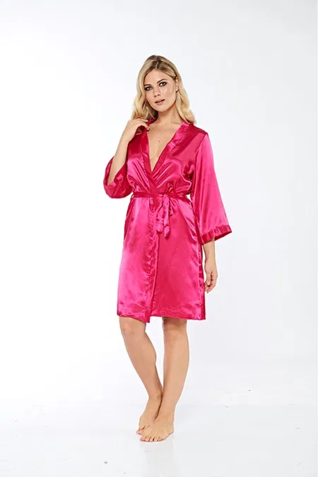 Fuşya Renkli Uzun Kuşaklı Sabahlık Polyester Sistina 14007 - Fuşya