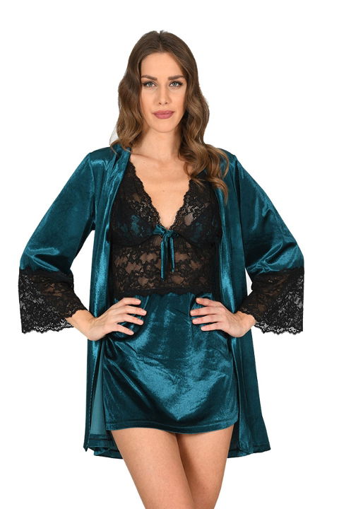 Kadife Dantelli Sabahlıklı İkili Gecelik Takım Sistina 1443