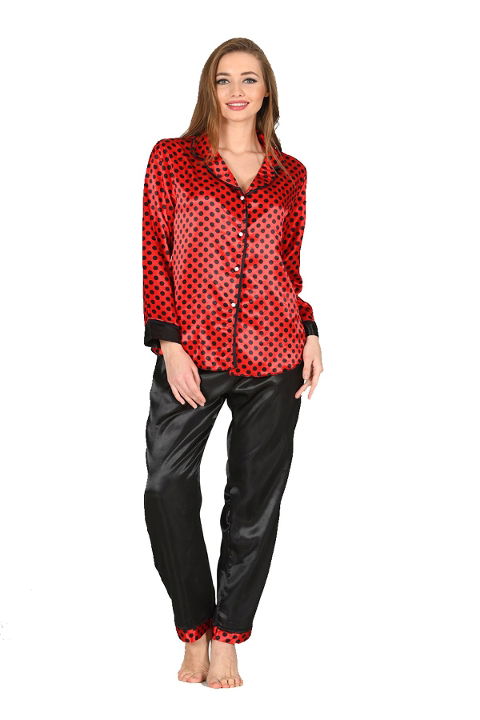 Puantiyeli Kırmızı Saten Pijama Takımı Sistina 1621