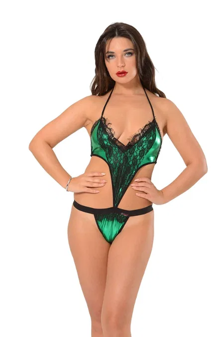 Yeşil Lame Likra Tek Parça Fantezi Body Sistina 406 - Yeşil