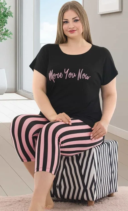 Siyah Kapri Kesim Büyük Beden Pijama Takımı Lady 10587 - Siyah