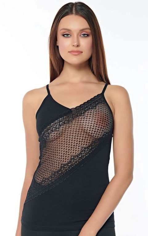 Dantel İşlemeli Askılı Kadın Atlet Siyah Kolcu 2561