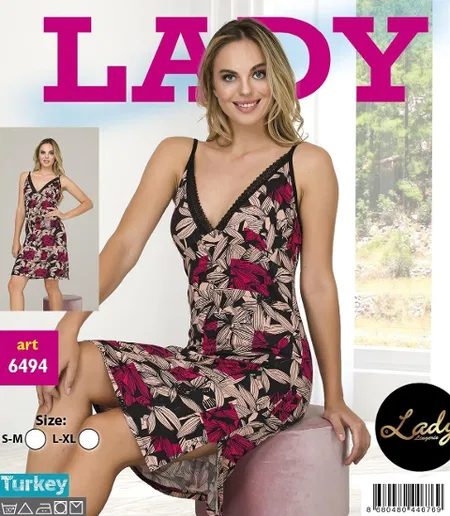 Siyah Desenli Pamuklu Likra Kısa Gecelik Lady 6494 - Siyah