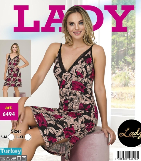 Siyah Desenli Pamuklu Likra Kısa Gecelik Lady 6494 - Siyah