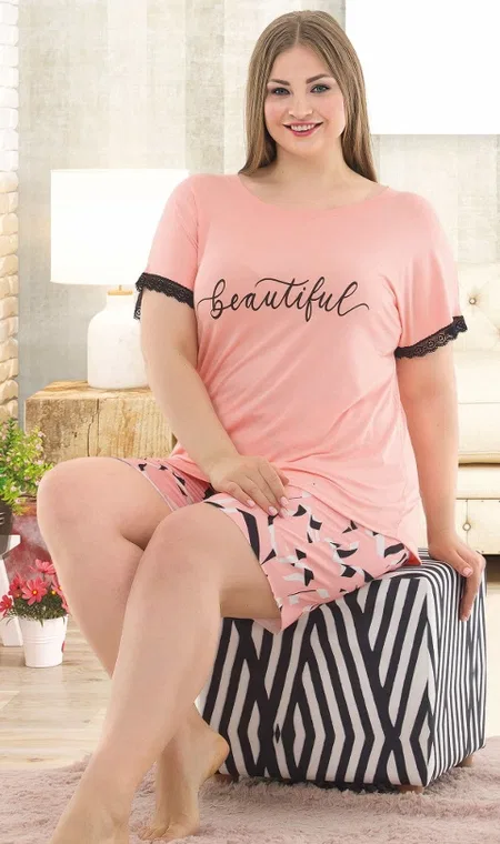 Lady Somon Pamuklu Şort Pijama Takım Battal Lady 10360 - Görsel 2