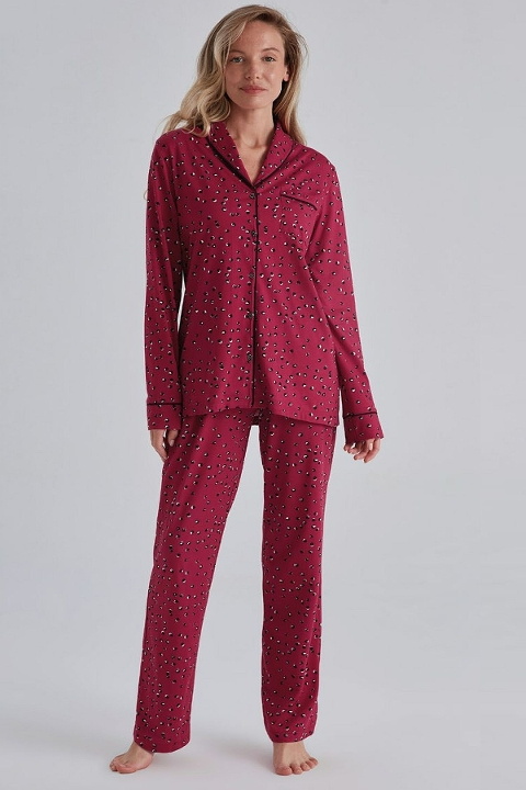 Eros Uzun Kollu Kırmızı Gömlek Yaka Kadın Pijama Takım Eros 31530
