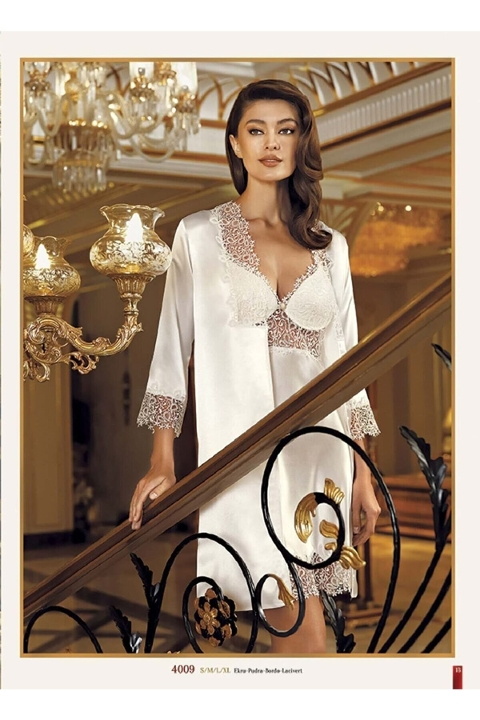 Saten Uzun Gecelik Sabahlık Çeyiz Takım Perin 4009 - Ekru