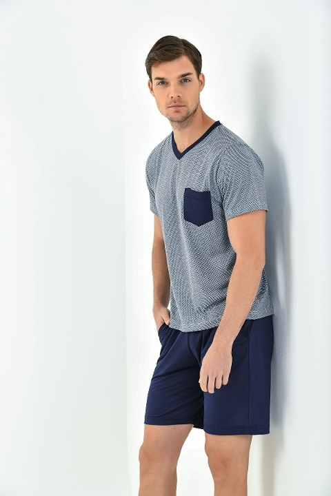 Yumuşak Penye V Yaka Erkek Pijama Takımı Yeni İnci 798 - Lacivert