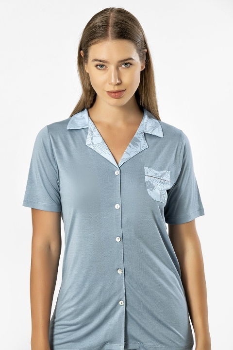 Mavi Gömlek Yaka Kısa Kollu Kadın Pijama Takımı Türen 3376 - Mavi