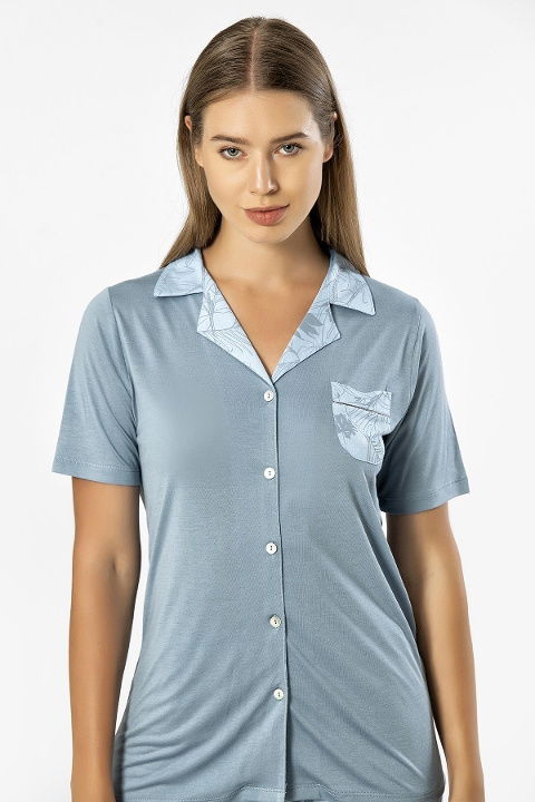 Mavi Gömlek Yaka Kısa Kollu Kadın Pijama Takımı Türen 3376