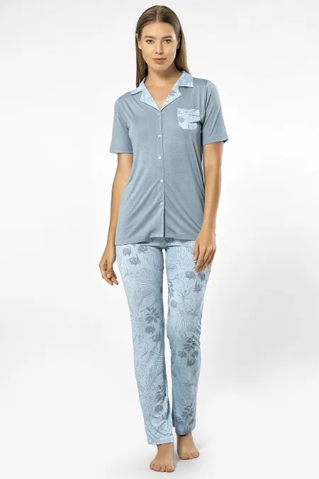 Mavi Gömlek Yaka Kısa Kollu Kadın Pijama Takımı Türen 3376 - Mavi