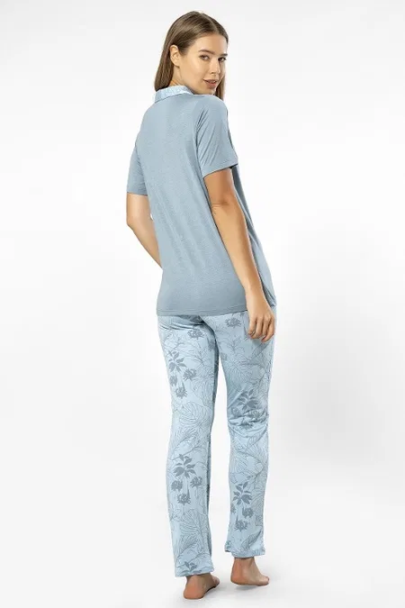 Mavi Gömlek Yaka Kısa Kollu Kadın Pijama Takımı Türen 3376 - Mavi
