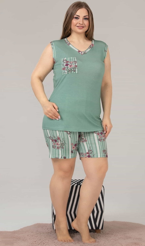 Lady Yeşil Büyük Beden Şort Pijama Takım Esnek Nefes Alan Lady 10361