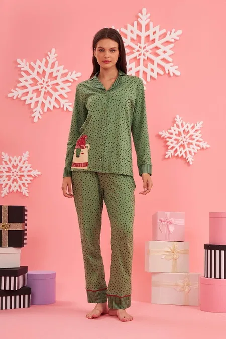 NBB Puantiyeli Gömlek Yaka Kadın Pijama Takımı NBB 67627