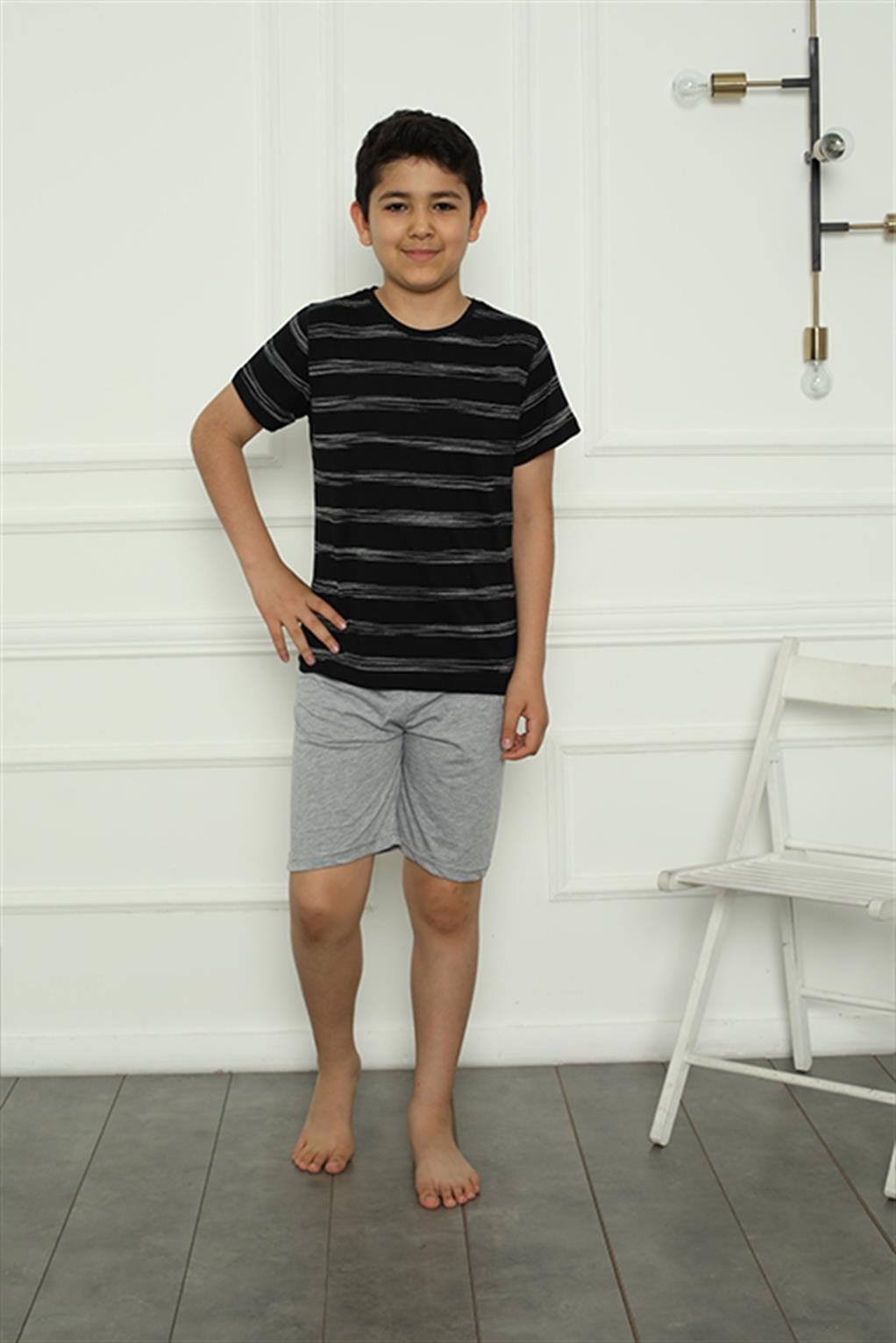 Çizgili Yuvarlak Yaka Baba Oğul Aile Penye Şortlu Pijama Takım Akbeniz 50115 - Siyah Erkek
