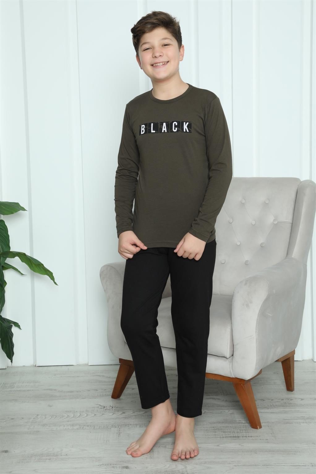 Black Yazılı Erkek Çocuk Penye Pijama Takım Akbeniz 20419 - Haki