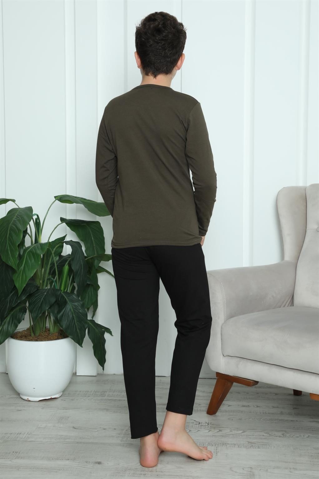 Black Yazılı Erkek Çocuk Penye Pijama Takım Akbeniz 20419 - Haki