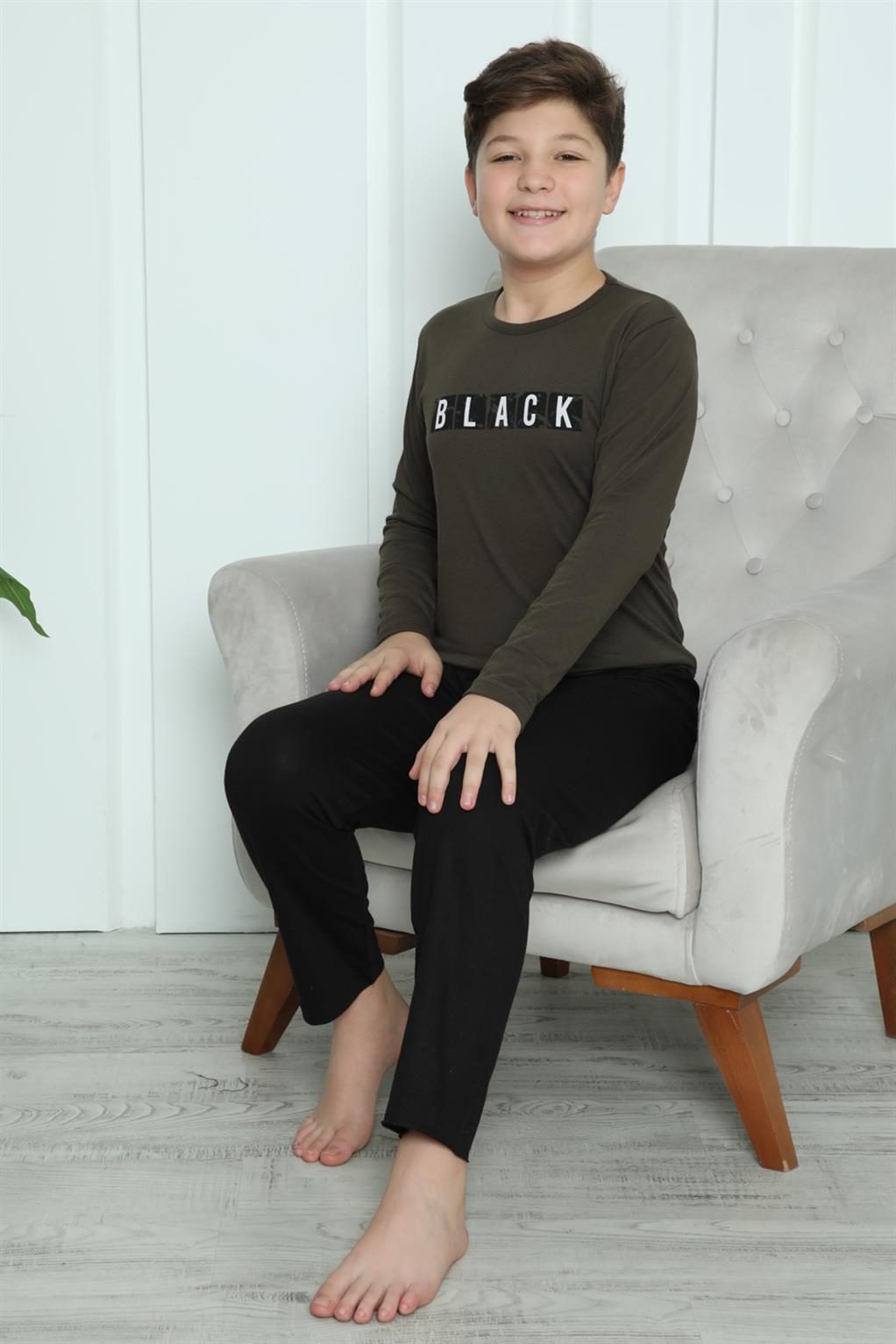 Black Yazılı Erkek Çocuk Penye Pijama Takım Akbeniz 20419 - Haki