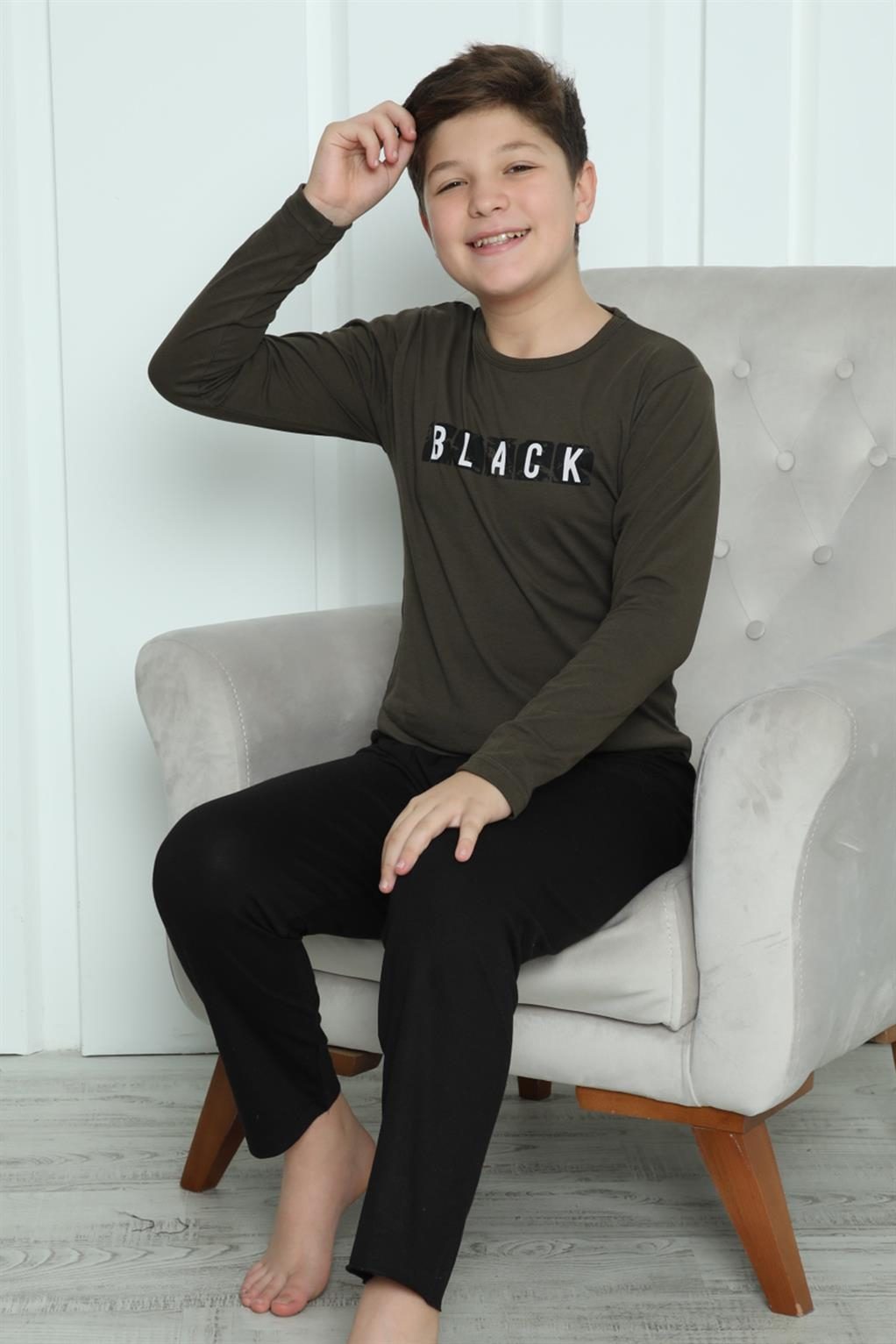 Black Yazılı Erkek Çocuk Penye Pijama Takım Akbeniz 20419 - Haki