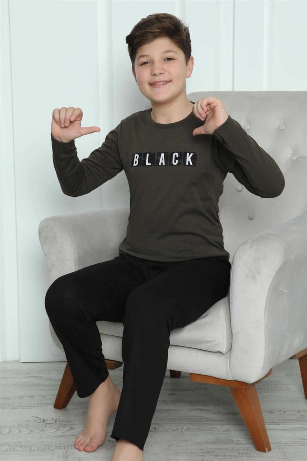 Black Yazılı Erkek Çocuk Penye Pijama Takım Akbeniz 20419 - Haki
