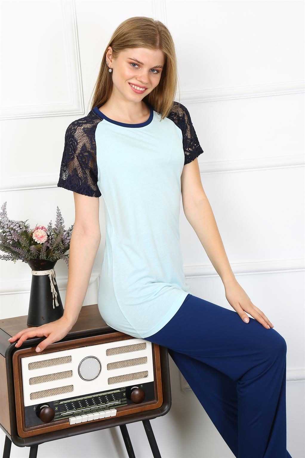 Kolu Dantelli Kadın Penye Pijama Takım Akbeniz 4148 - Su Yeşili