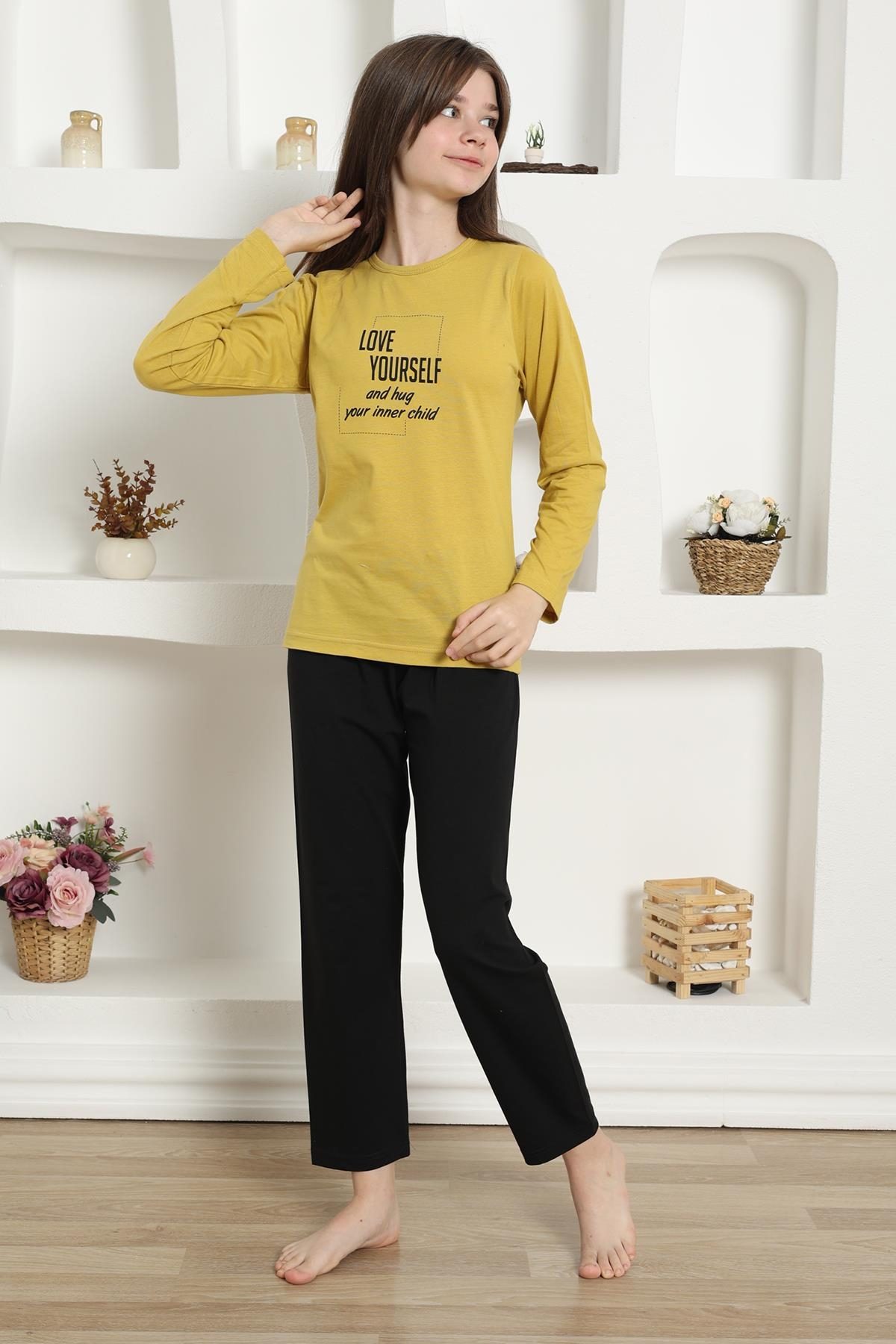 Yazılı Uzun Kollu Kız Çocuk Penye Pijama Takım Akbeniz 20420 - Sarı