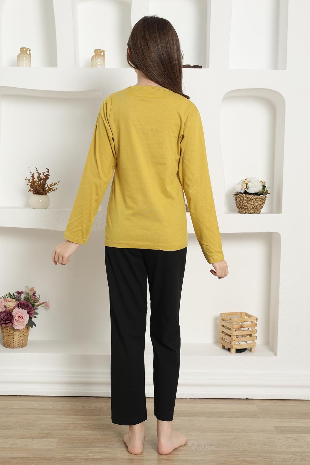 Yazılı Uzun Kollu Kız Çocuk Penye Pijama Takım Akbeniz 20420 - Sarı